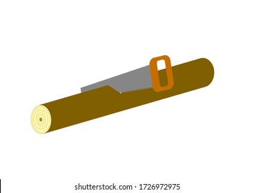 Stumps of trees in the forest sawn with a hand saw. Deforestation. Logging firewood. Hand saw on wood. Ecology. Environment. Background vector image. Template for text.
