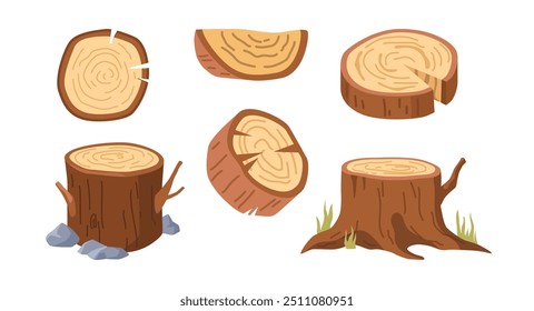 Stümpfe im Winter und Frühling, Rundholz mit Jahresringen im Cartoon-Stil. Vektor isolierte Holzstämme, Stämme und Bretter. Brennholz aus Holz. Harthölzer und Baustoffe