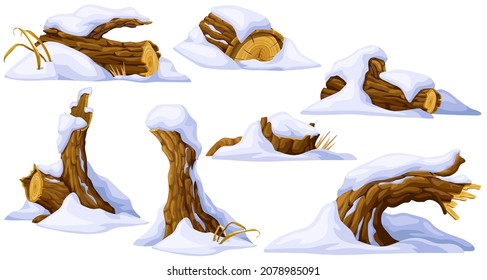 Stumps, wooden logs under snow. Cartoon tree winter. Broken oak and snowdrifts. Isolated vector new year elements game style on white background. 