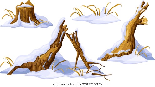 Stumps, wooden logs under snow. Cartoon tree winter. Broken oak and snowdrifts. Isolated vector elements game style on white background.