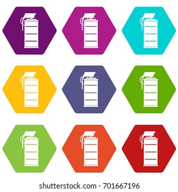 Stun grenade icon set many color hexahedron isolated on white vector illustration