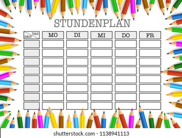 STUNDENPLAN, German for class schedule, surrounded by colored pencils template