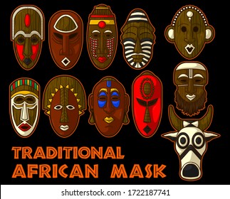 stuning ancient and traditional african mask Vector Illustration Set in black background. 