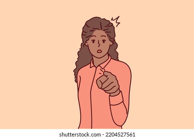 Stunned African American woman point at screen choose you. Amazed black female show at camera with finger making choice. Vector illustration. 