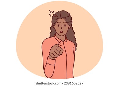 Stunned African American woman point at screen choose you. Amazed black female show at camera with finger making choice. Vector illustration.