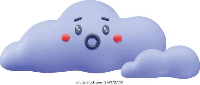 Stunned cloud 3D plastic style vector illustration. Cartoon cloudy weather forecast symbol. Realistic volume meteorology design. Render sky fluffy cloud face character with open mouth and big eyes