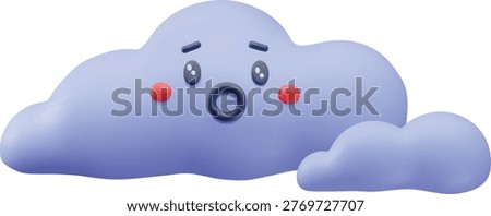 Stunned cloud 3D plastic style vector illustration. Cartoon cloudy weather forecast symbol. Realistic volume meteorology design. Render sky fluffy cloud face character with open mouth and big eyes