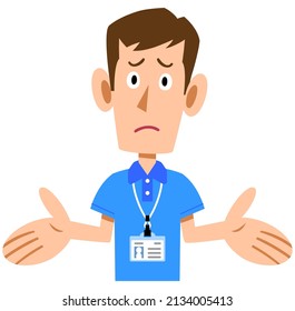 A stunned gesture of a male staff wearing a name tag in a short-sleeved polo shirt