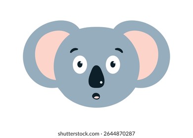 Coala atordoado com olhos redondos, boca aberta de surpresa. Australian Animal está chocado. Urso cinzento. Personagem infantil para zoológico. Emoção simples e expressiva em estilo emoji. Design plano. Ilustração vetorial