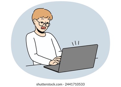 Stunned little boy look at computer screen shocked with information on gadget. Amazed child surprised and frustrated with data and message on laptop. Vector illustration.