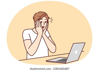 Stunned man look at laptop shocked by news online. Amazed guy surprised by unbelievable message on computer screen. Vector illustration.