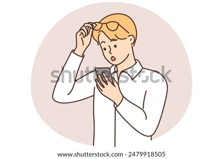 Stunned man take off glasses look at cellphone screen feeling astonished. Shocked guy surprised with message on smartphone. Vector illustration.