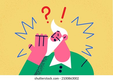 Stunned old grey-haired bearded man feel shocked by unexpected news or message. Amazed mature grandfather surprised astonished by unbelievable notification. Flat vector illustration. 