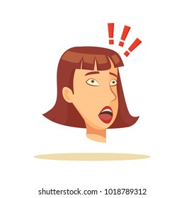 Stunned woman head color vector illustration of girl portrait with brown hair and green eyes, open mouth, three red exclamation marks, white backdrop