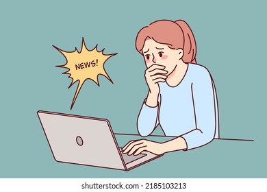 Stunned woman look at laptop screen feel shocked by unbelievable news online. Amazed girl surprised by mail or notification on computer. Vector illustration. 