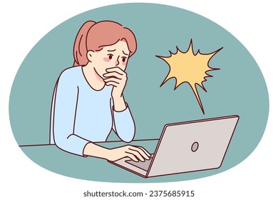 Stunned woman look at laptop screen feel shocked by unbelievable news online. Amazed girl surprised by mail or notification on computer. Vector illustration.