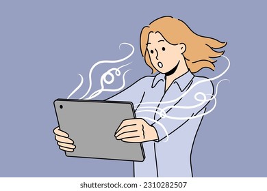 Stunned woman look at tablet screen feel shocked with unbelievable news. Amazed female surprised with unexpected message on pad. Vector illustration. 