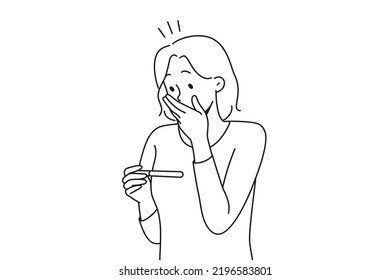 Stunned woman looking at test get to know about pregnancy. Surprised woman shocked with pregnancy news. Vector illustration. 