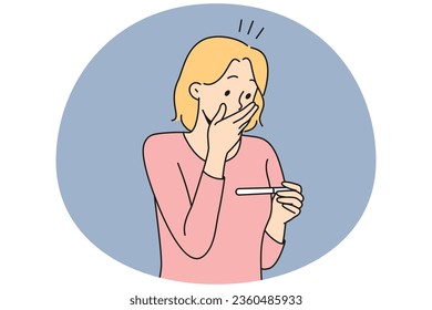 Stunned woman looking at test get to know about pregnancy. Surprised woman shocked with pregnancy news. Vector illustration.