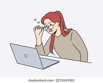 Stunned woman take off glasses look at laptop screen socked with unexpected mail or message. Unhappy woman work on computer surprised with unbelievable news. Vector illustration. 