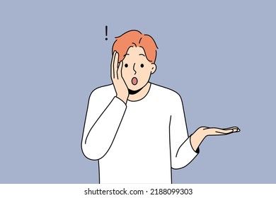 Stunned young man feel shocked by unbelievable news. Amazed male surprised by unexpected information or data. Vector illustration. 