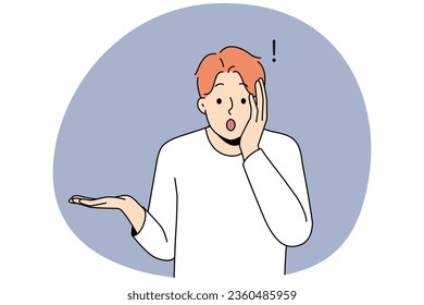 Stunned young man feel shocked by unbelievable news. Amazed male surprised by unexpected information or data. Vector illustration.