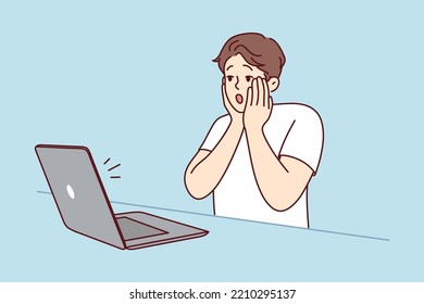 Stunned young man look at laptop screen shocked by unexpected news online. Amazed male surprised by message or text on computer. Vector illustration. 