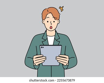 Stunned young man look at pad screen shocked with unbelievable news online. Amazed guy surprised with unexpected message or notification on tablet. Vector illustration. 