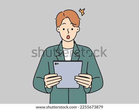 Stunned young man look at pad screen shocked with unbelievable news online. Amazed guy surprised with unexpected message or notification on tablet. Vector illustration. 