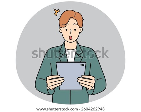 Stunned young man look at pad screen shocked with unbelievable news online. Amazed guy surprised with unexpected message or notification on tablet. Vector illustration.