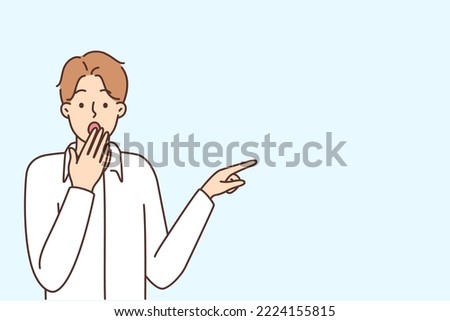 Stunned young man point at blank copy space aside feel shocked. Amazed guy show advertising placement feeling surprised and astonished. Vector illustration. 