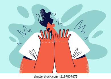 Stunned young man scared and terrified with news or event. Amazed guy shocked by unexpected message feeling fear and astonishment. Vector illustration. 