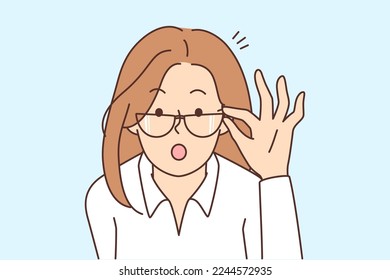 Stunned young woman in glasses shocked by unbelievable news or message. Amazed girl take off eyewear surprised with unexpected information. Vector illustration. 