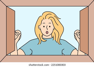 Stunned young woman look in open box shocked with unexpected content. Amazed girl surprised with unbelievable order or purchase in package. Vector illustration. 