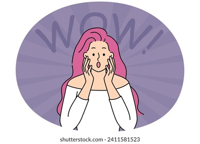 Stunned young woman with pink hair make facial expression feeling shocked and surprised. Amazed girl show wow gesture amazed with news. Vector illustration.