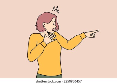 Stunned young woman point to side shocked with view or element. Amazed girl show with finger surprised or terrified with vision. Vector illustration. 