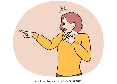 Stunned young woman point to side shocked with view or element. Amazed girl show with finger surprised or terrified with vision. Vector illustration.