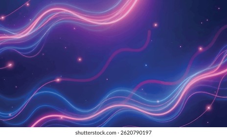 Uma impressionante ilustração em 2D retratando ondas de luz azul e rosa neon fluindo contra um fundo escuro cósmico.