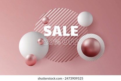A stunning 3D banner design with a pink and gold color palette. Shiny metallic balls and spheres create a futuristic and celebratory atmosphere. Perfect for commercial promotions and sales. Not AI.