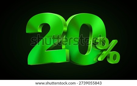 Stunning 3D metallic green 20 percents symbol on a dark background, ideal for promotions and sales. Vector illustration.