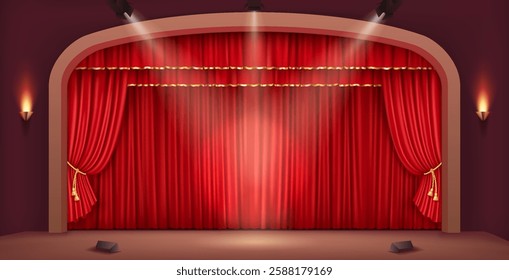 A stunning 3D vector illustration of a traditional theater stage with an arch frame, decorated with a red velvet curtain and illuminated by soft lighting.