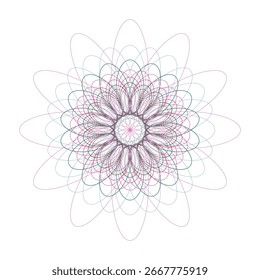 A stunning abstract geometric artwork featuring concentric circles and intricate line patterns, creating a mesmerizing visual effect, isolated on white.