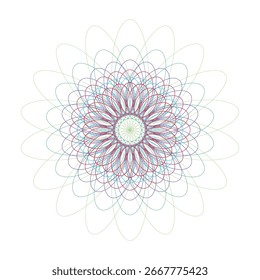 A stunning abstract geometric design featuring a flower-like mandala with intricate repeating lines and vibrant colors, isolated on white.