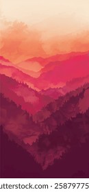 A stunning abstract landscape featuring a majestic mountain range, layered with orange and Magenta hues, and topped by a soft, cloud-like sky.