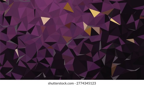 A stunning abstract low polygonal pattern showcasing a rich spectrum of deep purple hues with striking golden and dark undertones. Perfect for elegant, sophisticated backdrops.