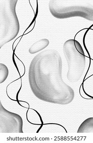 A stunning abstract watercolor artwork in a monochrome palette, featuring fluid brush strokes, soft gradients, and organic textures.