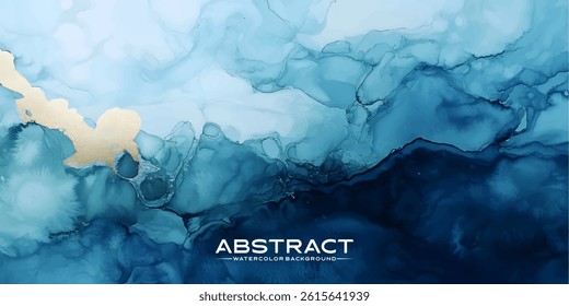 Stunning abstract watercolor background with teal and gold accents. blend of teal and deep blue watercolor ink