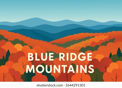 The stunning aerial perspective of the Blue Ridge Mountains showcasing vibrant autumn colors with golden, red, and orange foliage amidst a backdrop of clear skies and majestic peaks