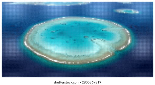 Stunning aerial perspective of circular coral reef atoll surrounded by deep blue sea clear turquoise lagoon tranquil oceanic paradise vector illustration.