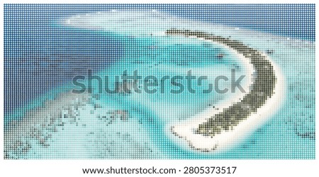 Stunning aerial perspective of a tropical paradise. Features a crescent-shaped island with white sand beaches and clear turquoise waters. Pixel art.